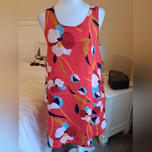 Sigrid Olsen Women's 100% Linen Dress Sleeveless Red Floral Pockets Size S EUC - Picture 1 of 9